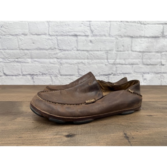 OluKai Other - OluKai Moloa Brown Leather Slip On Loafer Collapsable Back Shoes Mens Size 9.5